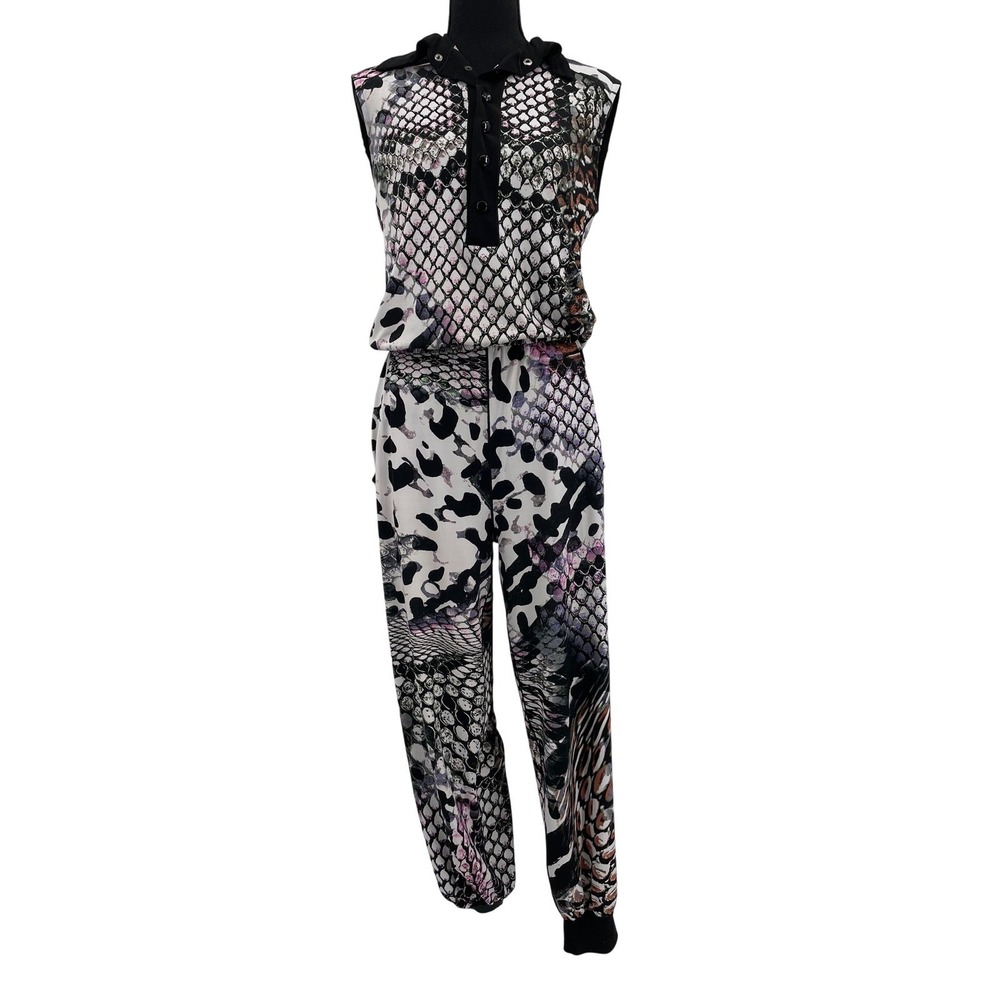 Eva Varro Jumpsuit Womens M Black Animal Print Polyester Spandex Hooded Boho Y2K
